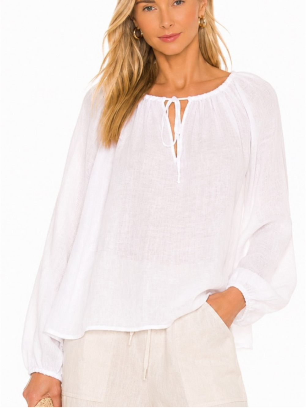 Anne Fontaine 100% Linen Peasant Blouse White Sheer Gauze Top